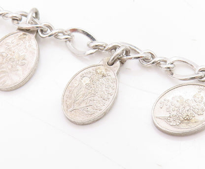 925 Sterling Silver Vintage Bracelet Seven Flowers of Love Oval Charm  BT11711