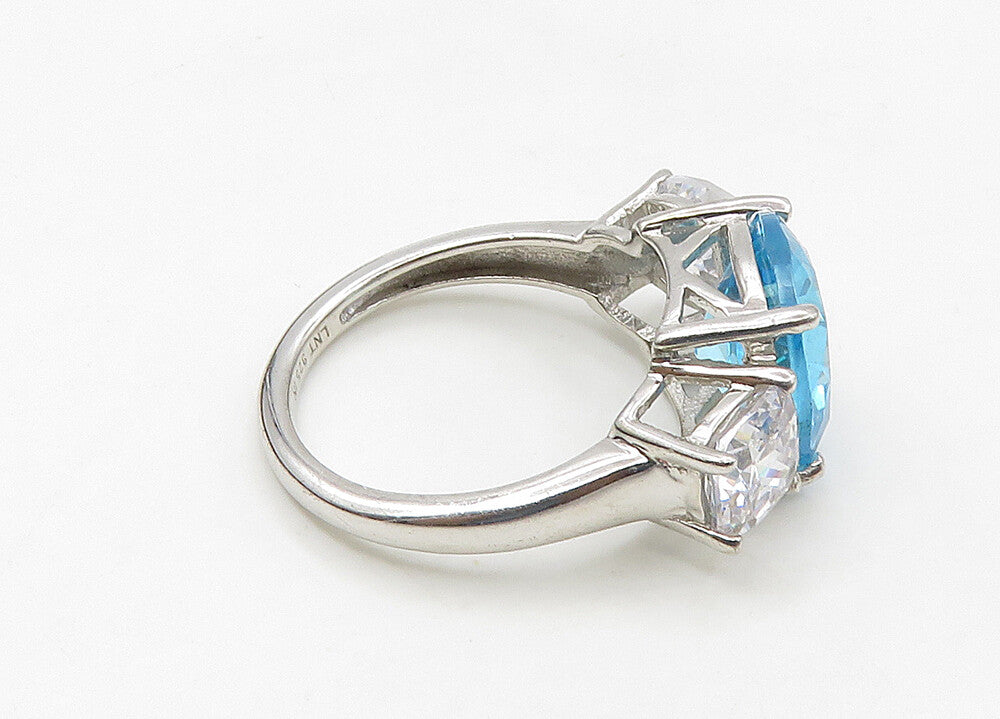 925 Silver  Vintage Blue Topaz & Cubic Zirconia Shiny Band Ring Sz 7  RG21519