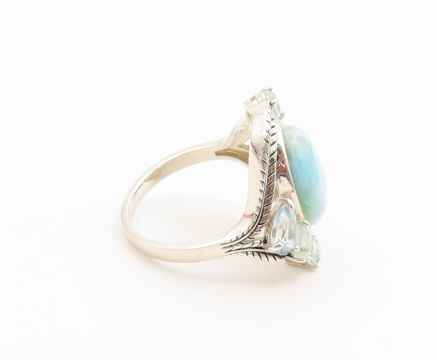 925 Sterling Silver Vintage Ring Larimar & Aquamarine Feather Band Sz 8 RG36758