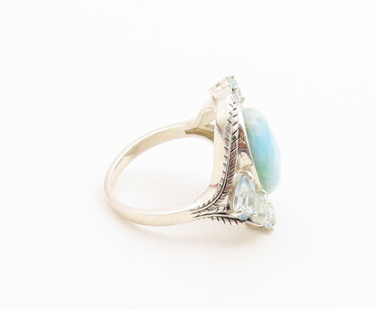 925 Sterling Silver Vintage Ring Larimar & Aquamarine Feather Band Sz 8 RG36758