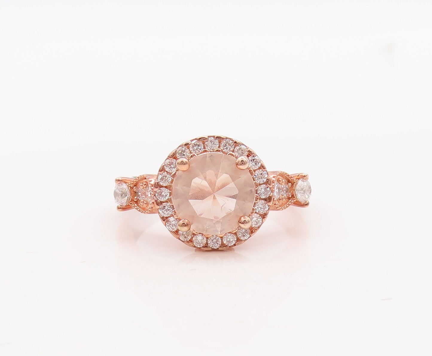 925 Sterling Silver Vintage Ring Rose Gold Plated Morganite & CZ  Sz 7  RG29831