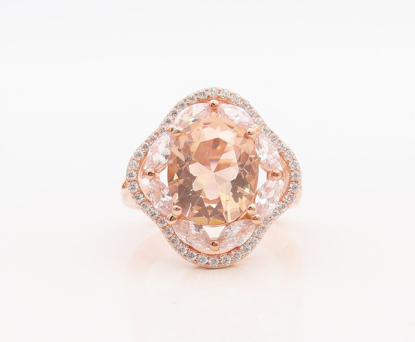 925 Sterling Silver Vintage Ring Rose Gold Plated Morganite & CZ  Sz 7.5 RG30076