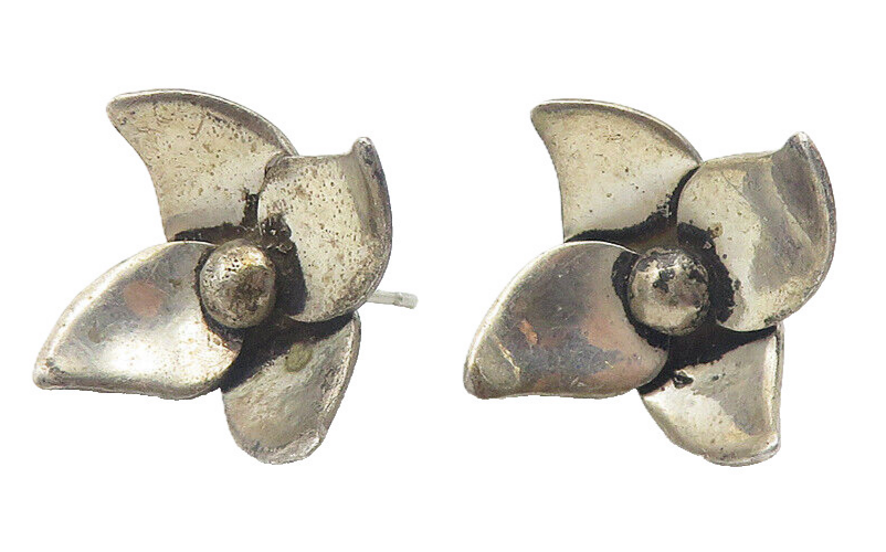 MEXICO 925 Sterling Silver Vintage Dark Tone Flower Motif Drop Earrings EG6264
