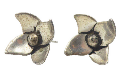 MEXICO 925 Sterling Silver Vintage Dark Tone Flower Motif Drop Earrings EG6264