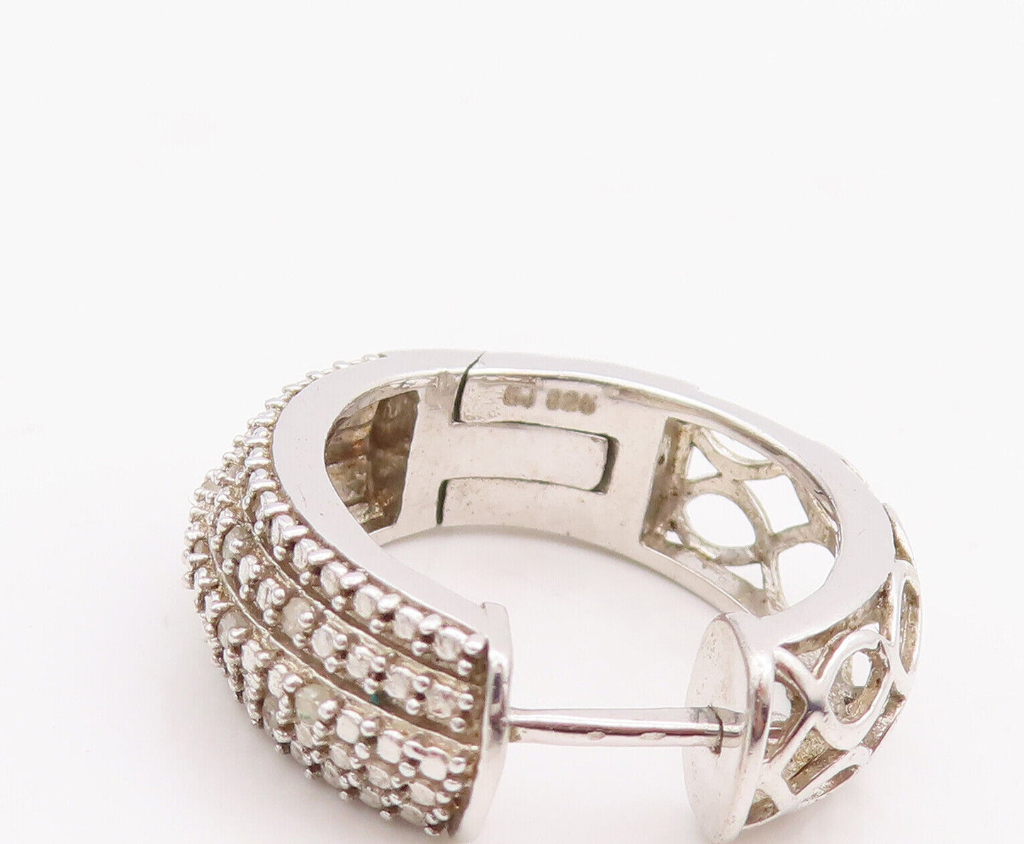 925 Sterling Silver Vintage Earrings Cutout Solid Diamonds Inlay Hoops  EG13066