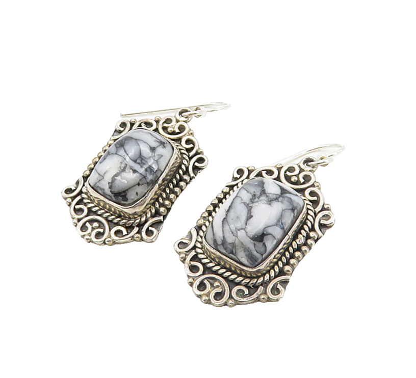 925 Sterling Silver  Vintage Cabochon Cut Grey Jasper Dangle Earrings  EG4554