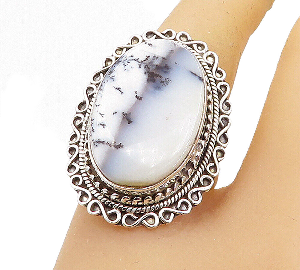 925 Sterling Silver  Agate Shiny Swirl Border Cocktail Ring Sz 10  RG8176