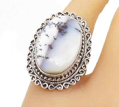 925 Sterling Silver  Agate Shiny Swirl Border Cocktail Ring Sz 10  RG8176