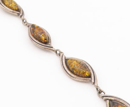 925 Sterling Silver Vintage Bracelet Green Baltic Amber Marquise Link  BT12178