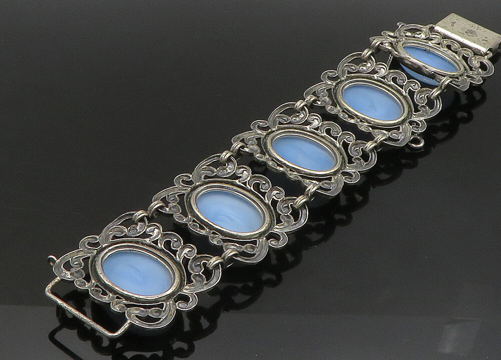 DANECRAFT 925 Sterling Silver  Vintage Blue Glass Swirl Chain Bracelet  BT9171