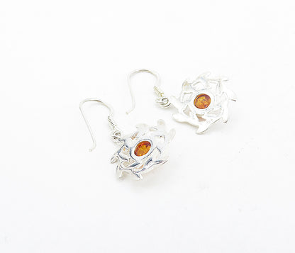 925 Sterling Silver  Cabochon Cut Amber Floral Wreath Dangle Earrings  EG3794