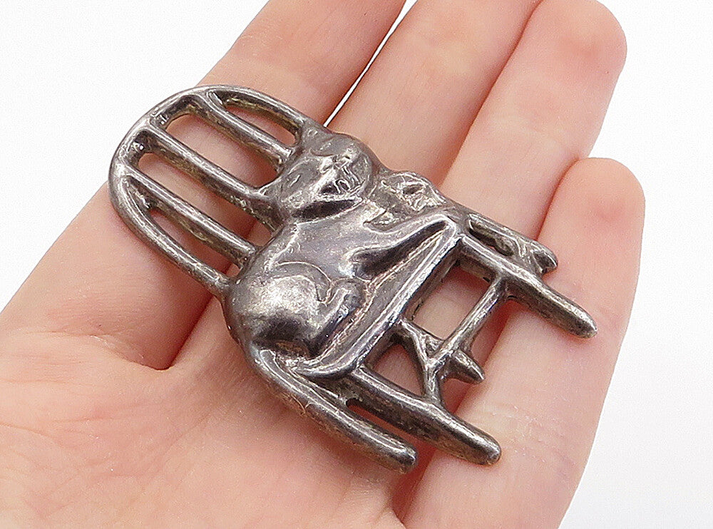 MEXICO 925 Sterling Silver  Vintage Oxidized Cat In Chair Brooch Pin  BP2642