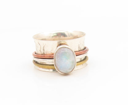 925 Sterling Silver Vintage Ring Moonstone Hammered Spinner Band  Sz 7  RG35140