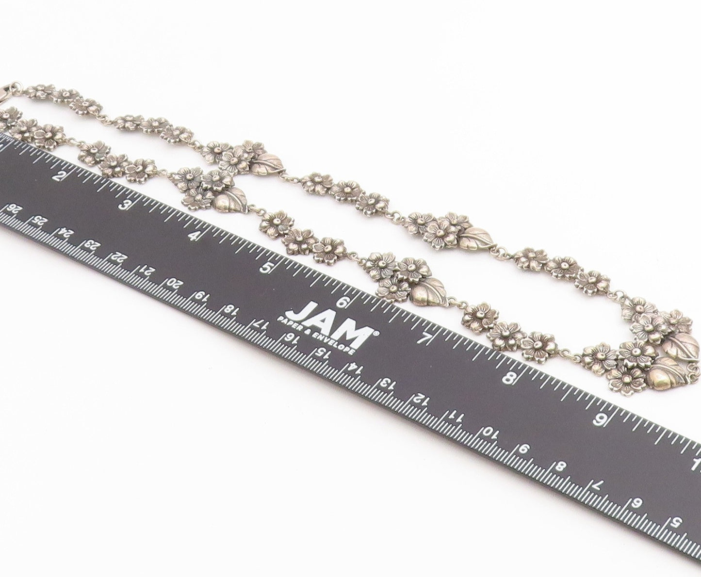 925 Sterling Silver Vintage Necklace Classic Botanical Floral Motif Link  NE4889