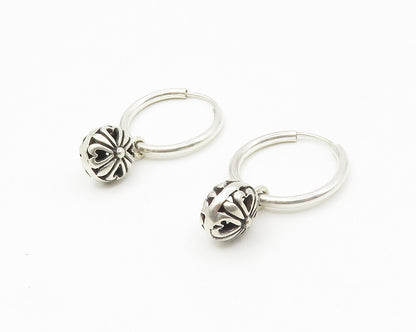 925 Sterling Silver  Shiny Dangling Flower Petite Hoop Earrings  EG7145