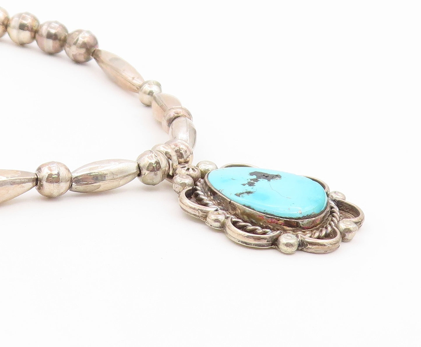 925 Sterling Silver Vintage Necklace NAVAJO Turquoise Statement Chain  NE4914