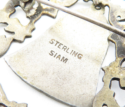 SIAM 925 Silver  Vintage Antique Niello Dangling Bell Brooch Pin  BP2169
