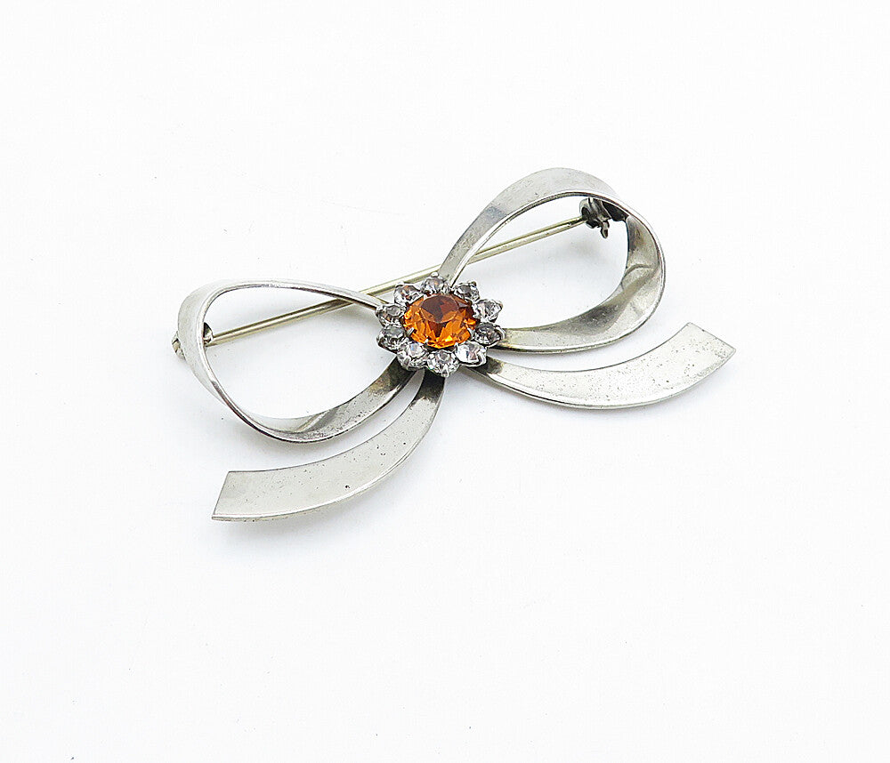 925 Sterling Silver  Vintage Citrine & Topaz Bow Tied Ribbon Brooch Pin BP2071