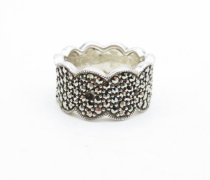925 Sterling Silver  Marcasite Decorated Shiny Wavy Band Ring Sz 8.5  RG5258