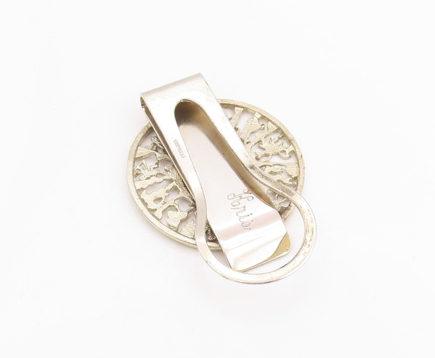 925 Sterling Silver Vintage Money Clip Celestial Zodiac Calendar Pin   TR4066
