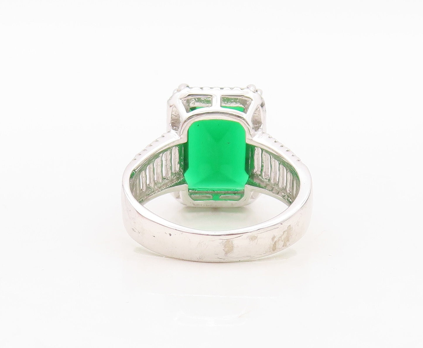 925 Sterling Silver Vintage Ring Rectangle Cut Green & White CZ Sz 7.5  RG30050