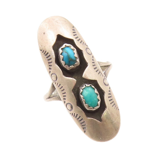 925 Sterling Silver Vintage Ring NAVAJO Trible Carved Turquoise  Sz 3  RG31803