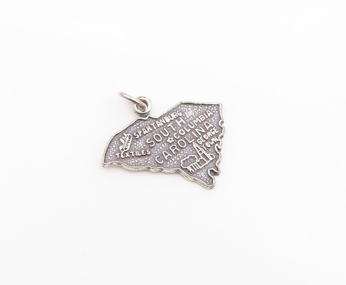 925 Sterling Silver  Vintage South Carolina Map Souvenir Pendant  PT20461