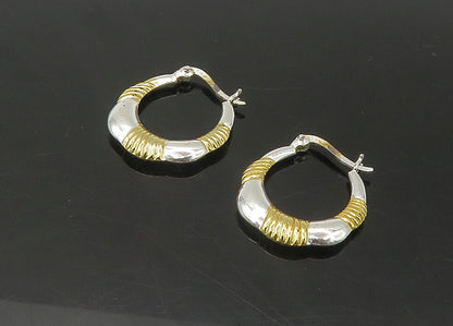 925 Sterling Silver  Vintage Shiny 2 Tone Fluted Detail Hoop Earrings EG10875