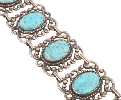 925 Sterling Silver Vintage Bracelet DANECRAFT Oval Turquoise Wide Link  BT11859