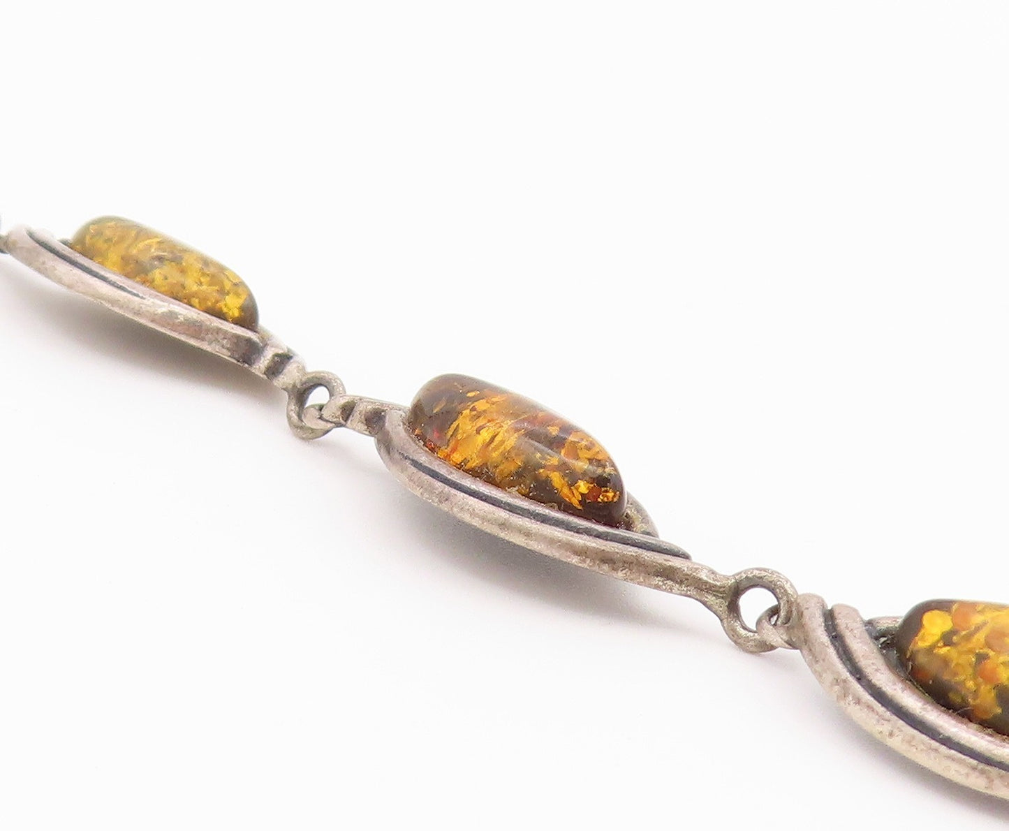 925 Sterling Silver Vintage Bracelet Green Baltic Amber Marquise Link  BT12178