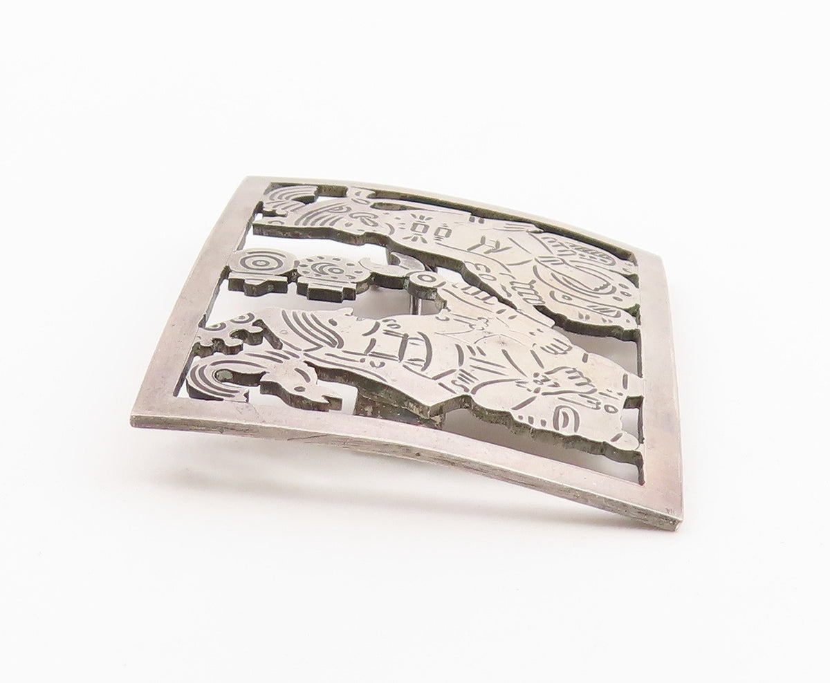 925 Sterling Silver  Vintage Etched Traditional Figures Brooch Pin  BP4053