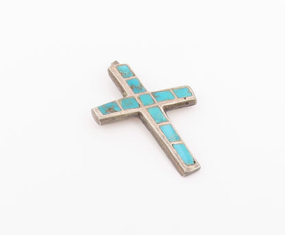 925 Sterling Silver Vintage Pendant Turquoise Inlay Religious Cross  PT26366