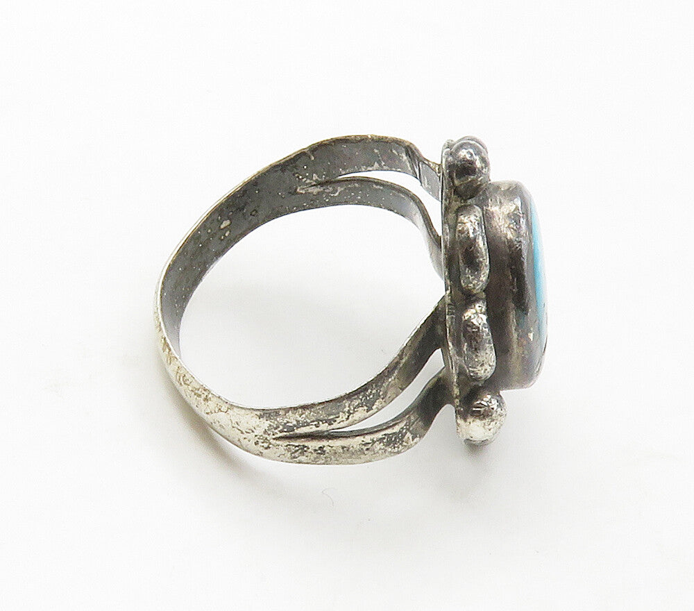SOUTHWESTERN 925 Sterling Silver Vintage Turquoise Floral Band Ring Sz 8 RG16689