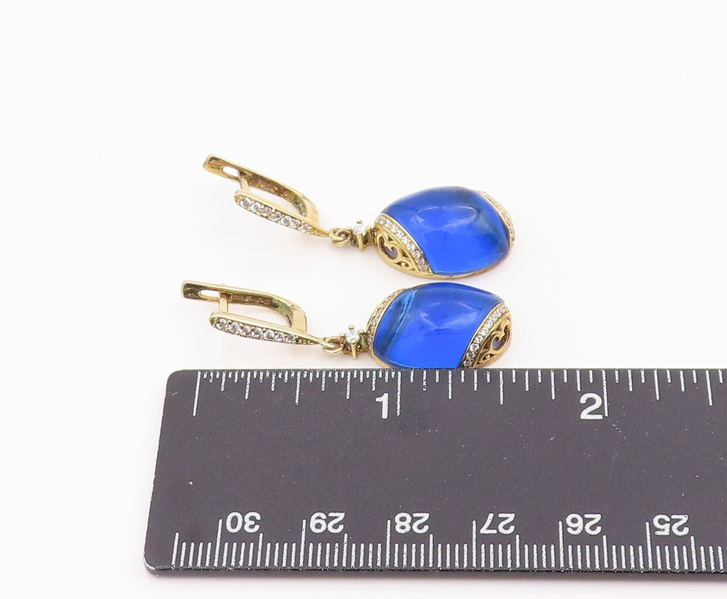 925 Sterling Silver Vintage Earrings Gold Plated Sapphire & CZ Drop  EG14242