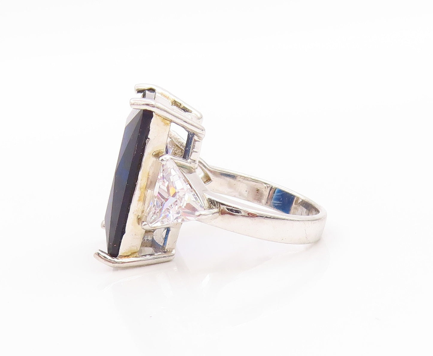 925 Sterling Silver Vintage Ring Rectangle Blue & Triangle Cut CZ  Sz 6  RG33373