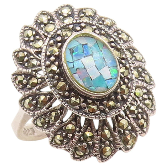 925 Sterling Silver Vintage Ring Fire Opal & Marcasite Sunflower  Sz 7  RG36690