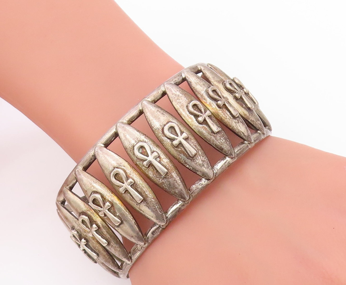 925 Sterling Silver Vintage Bracelet Egyptian Ankh Cross Symbol Cuff   BT11634