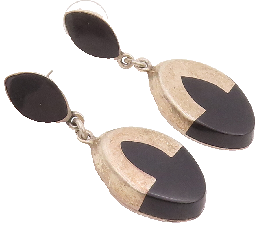 925 Sterling Silver Vintage Earrings MEXICO Linked Dangling Inlay Onyx  EG12931
