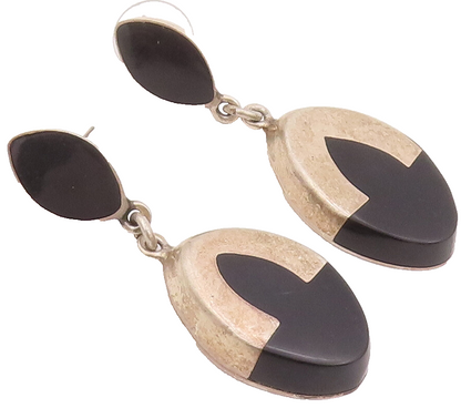 925 Sterling Silver Vintage Earrings MEXICO Linked Dangling Inlay Onyx  EG12931