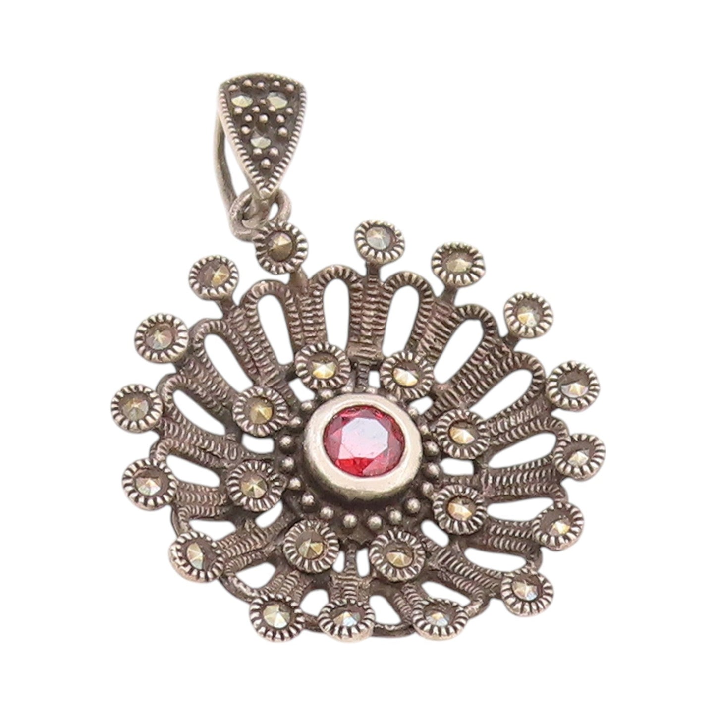 925 Sterling Silver Vintage Pendant Antique Design Cutout Garnet Flower  PT24595