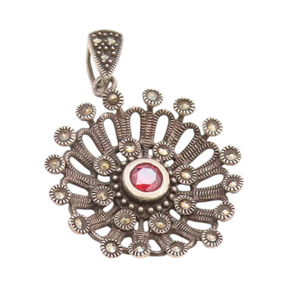 925 Sterling Silver Vintage Pendant Antique Design Cutout Garnet Flower  PT24595