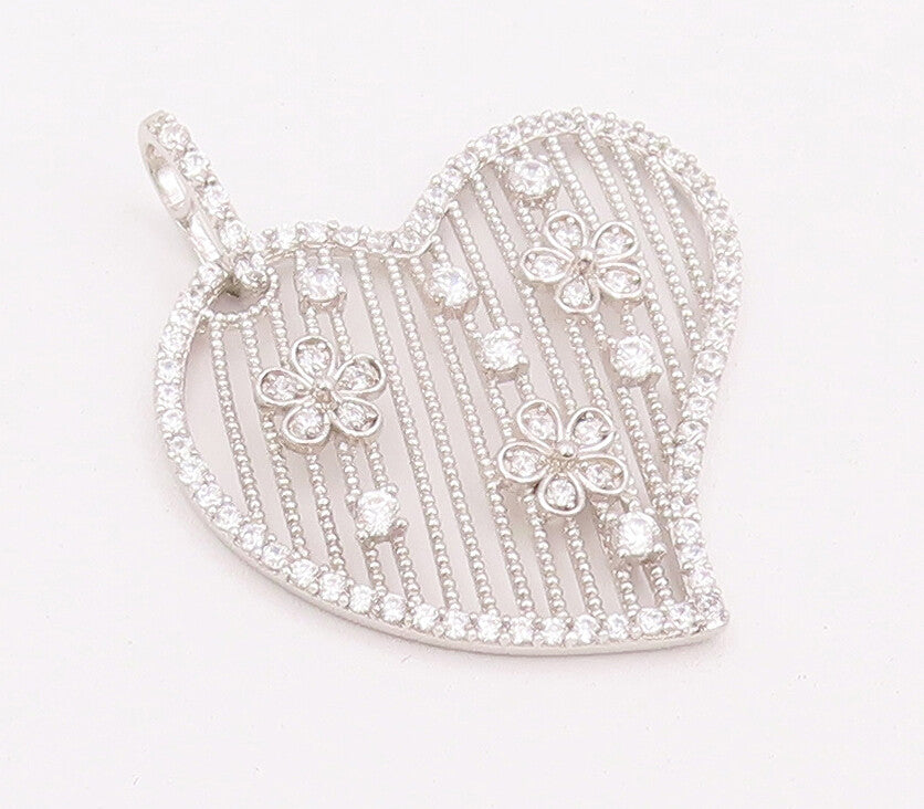 925 Sterling Silver Vintage Pendant Cutout CZ Heart & Grilled Flowers  PT22805