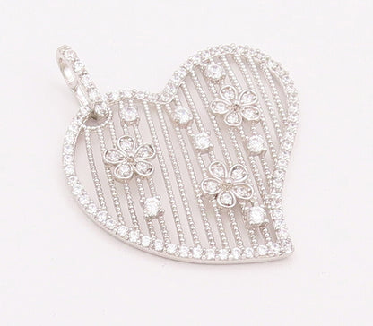 925 Sterling Silver Vintage Pendant Cutout CZ Heart & Grilled Flowers  PT22805