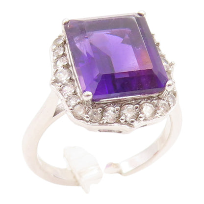 925 Sterling Silver Vintage Ring Elegant Amethyst & Halo CZ Band  Sz 8  RG35676