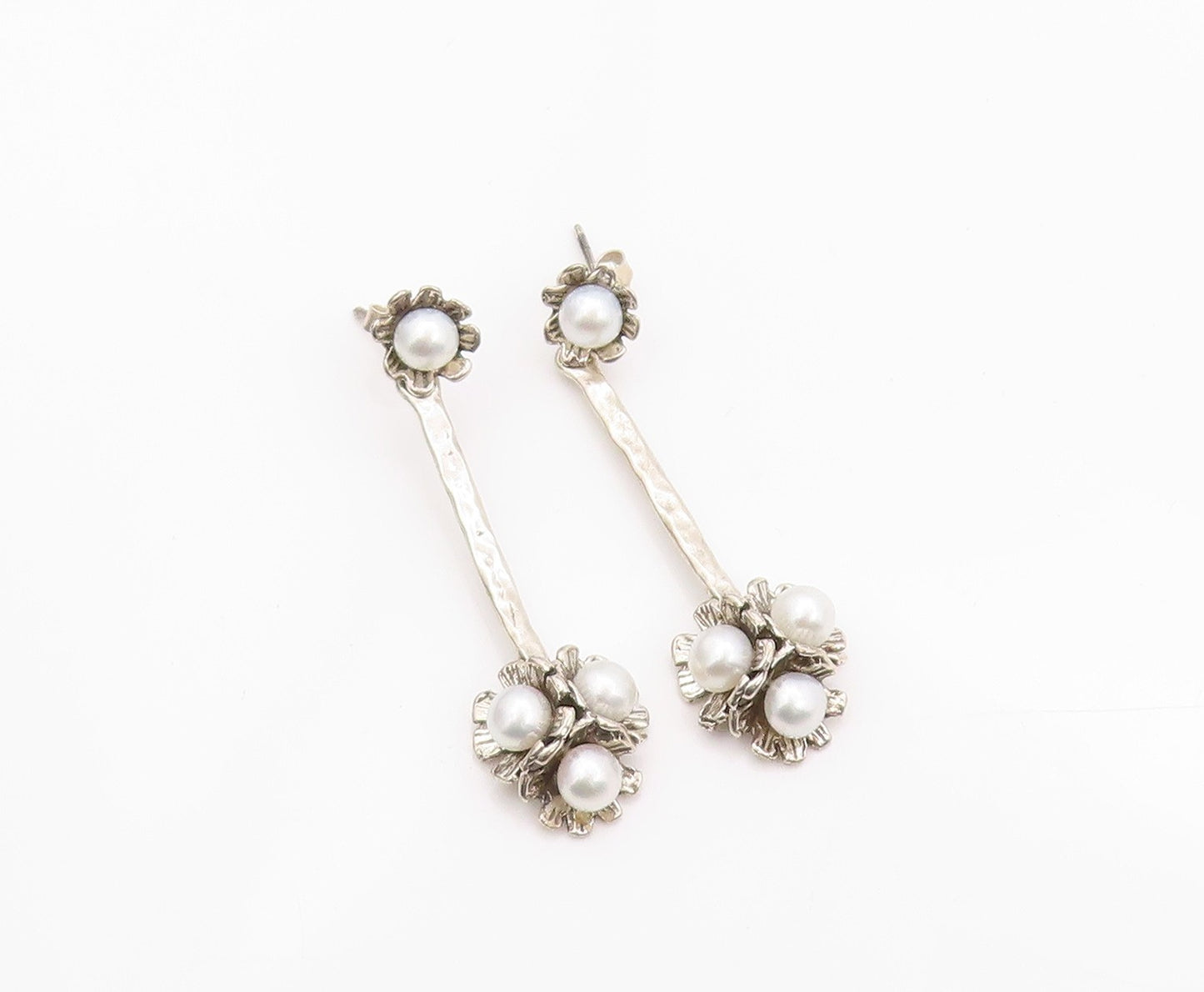 925 Sterling Silver Vintage Earrings ISRAEL Designer Drop Pearl Flower  EG13471