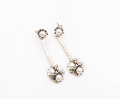 925 Sterling Silver Vintage Earrings ISRAEL Designer Drop Pearl Flower  EG13471