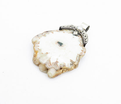 925 Sterling Silver  Vintage Brown & White Agate & Pearl Drop Pendant  PT5886