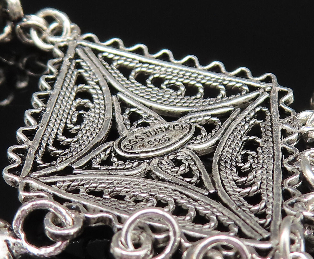 925 Sterling Silver  Vintage Wavy Edge Beaded Diamond Shaped Earrings  EG11956