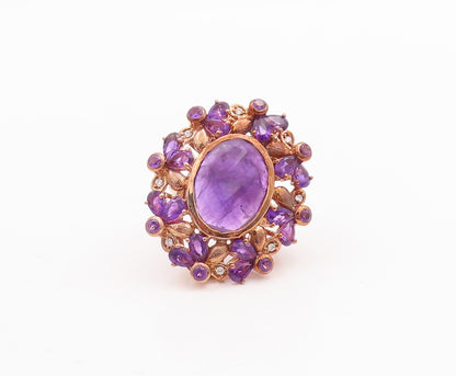 925 Sterling Silver Vintage Ring Rose Gold Plated Amethyst Flower  Sz 7  RG29632