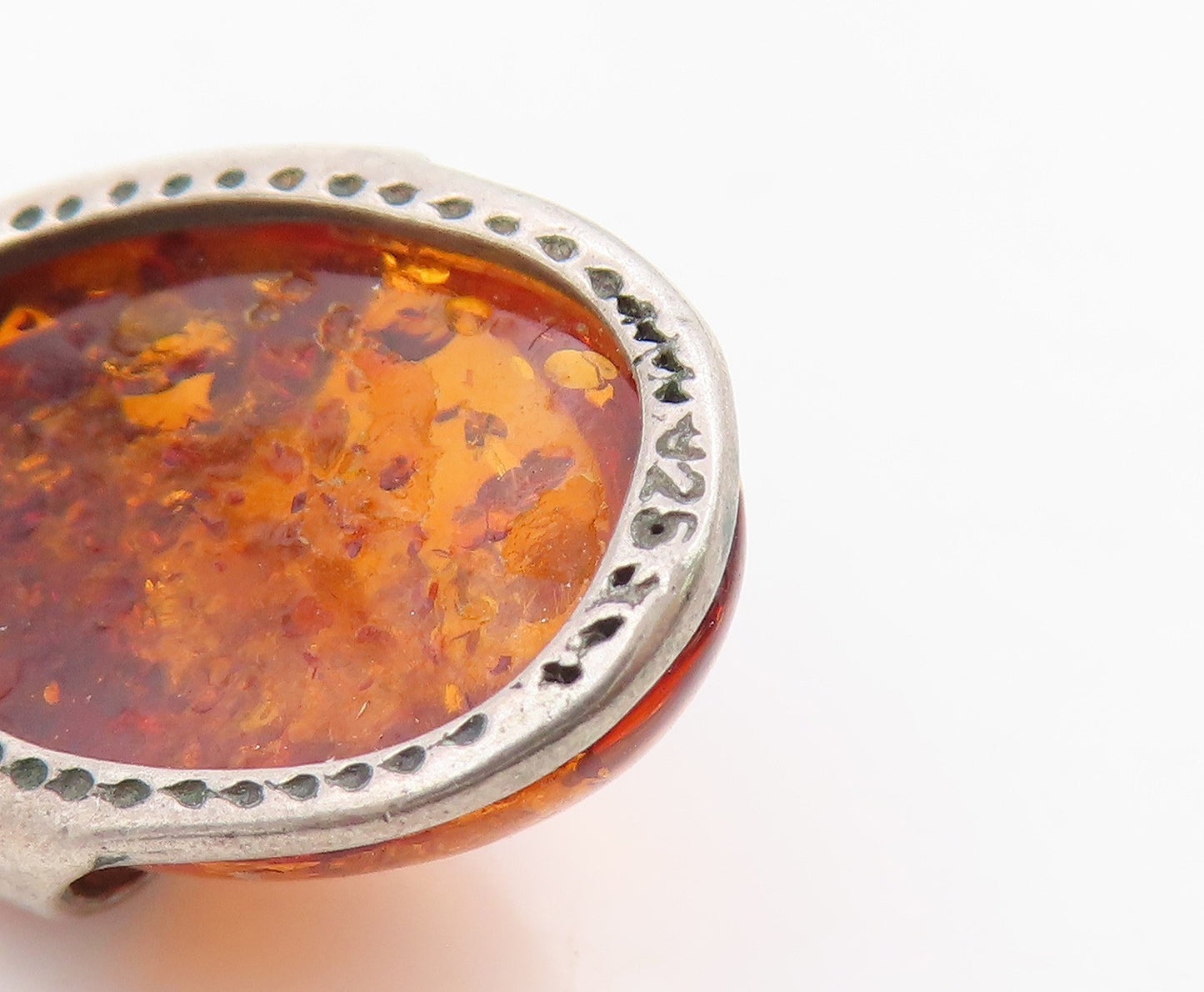 925 Sterling Silver Vintage Pendant Cabochon Honey Amber Ladybird Charm  PT26254